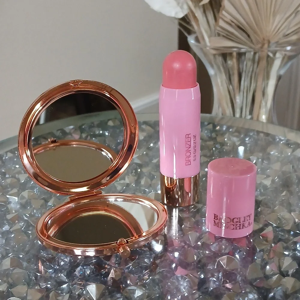 New Badgley Mischka Pink Blush Stick And Rose Gold Compact Mirrow 2pc